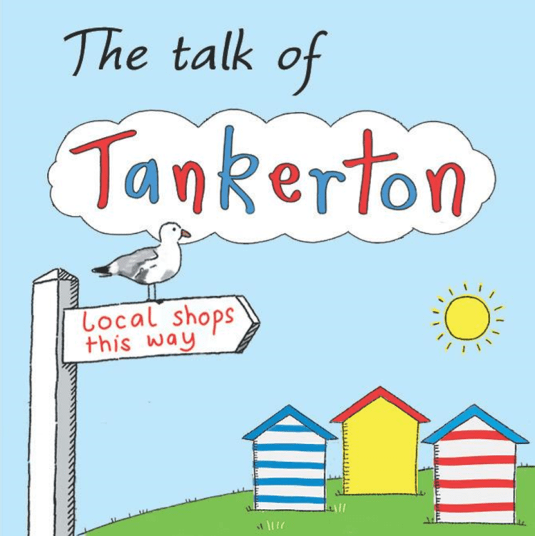The Talk of Tankerton hand drawn scene beach hut with seagull sat on directional sign 